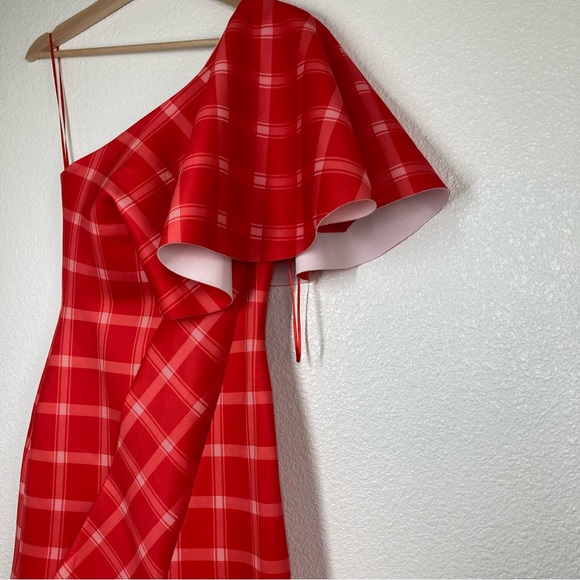 Asos peanut Girls One Shoulder Plaid Midi Dress Size 2 Red shawl Sleeve NWT - Picture 14 of 16